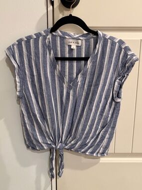 Cloth & stone Navy and White Striped Tie-Front V-Neck Crop Top